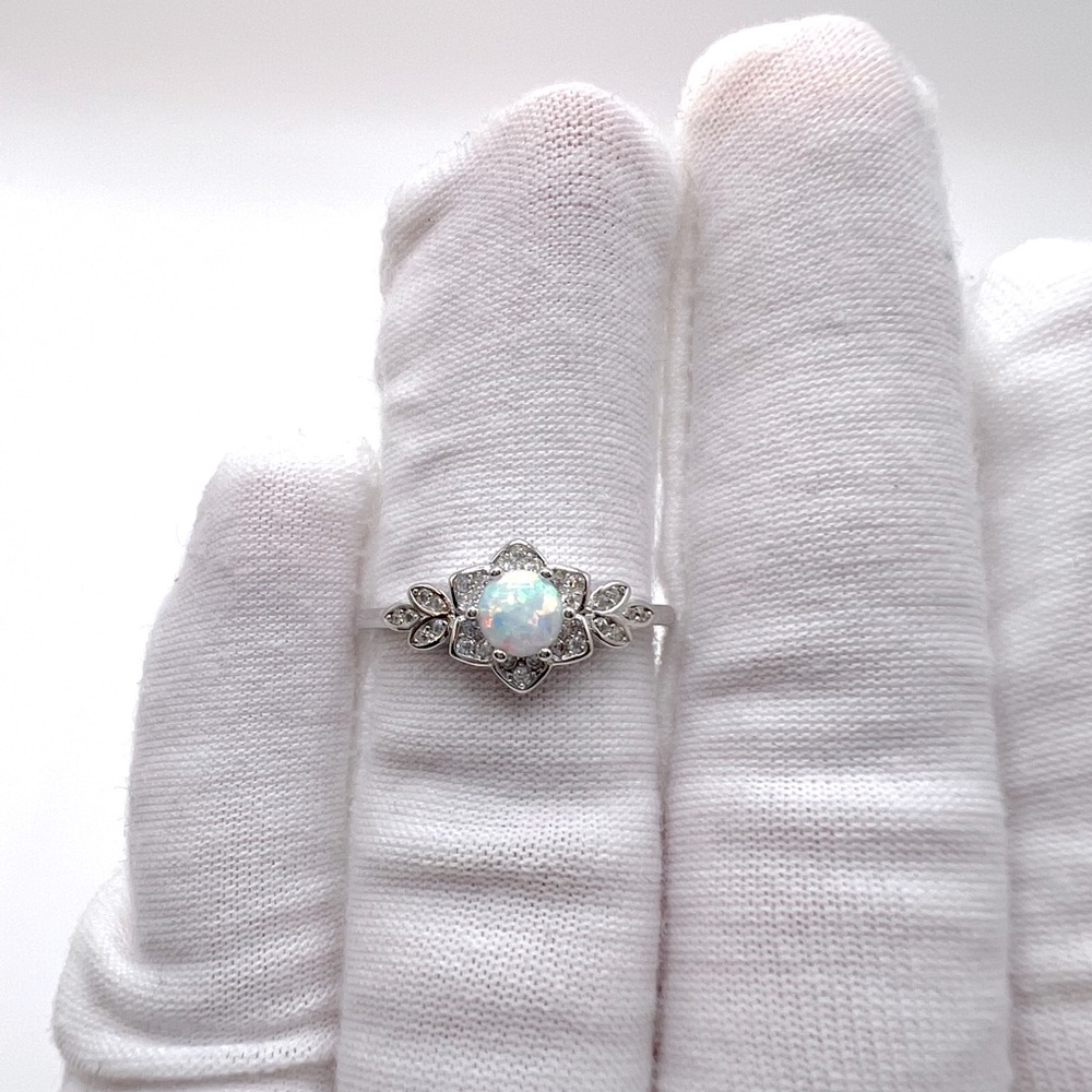 .925 Sterling Silver Lab Created White Opal Floral Ring - Picture 15 of 16